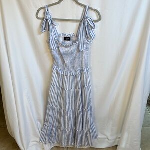 Vici Blue and White Ruffled Midi Dress